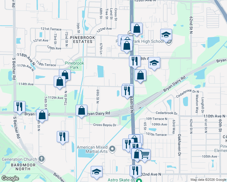 map of restaurants, bars, coffee shops, grocery stores, and more near 11300 66th Street North in Largo
