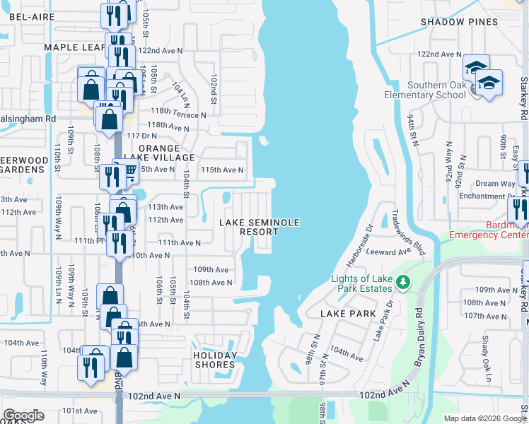 map of restaurants, bars, coffee shops, grocery stores, and more near 11176 100th Street in Largo