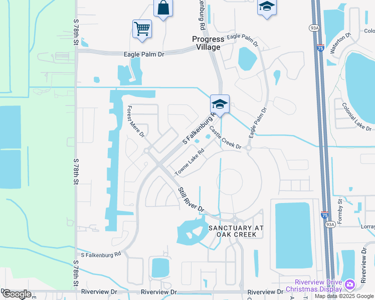 map of restaurants, bars, coffee shops, grocery stores, and more near 7025 Towne Lake Road in Riverview