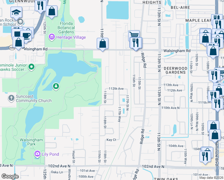 map of restaurants, bars, coffee shops, grocery stores, and more near 11143 117th Lane in Seminole
