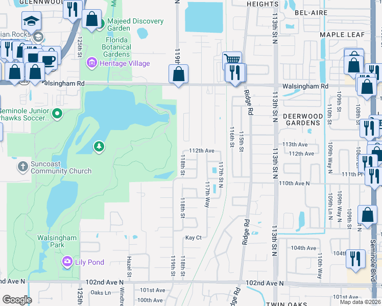 map of restaurants, bars, coffee shops, grocery stores, and more near 11782 111th Terrace in Seminole