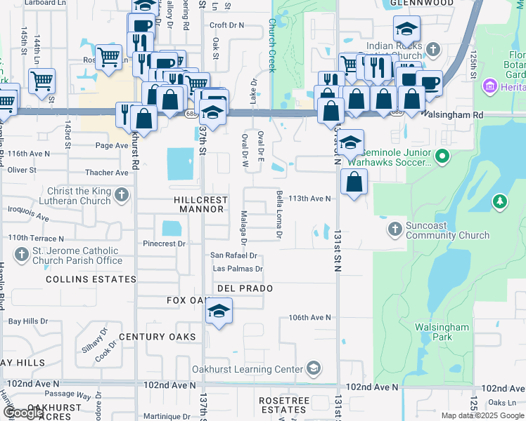 map of restaurants, bars, coffee shops, grocery stores, and more near 13353 Hacienda Drive in Largo