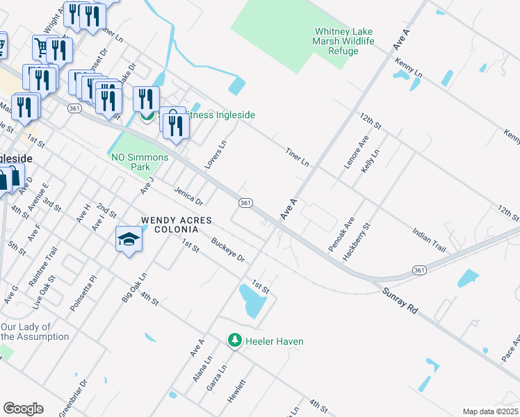 map of restaurants, bars, coffee shops, grocery stores, and more near 2011 Texas 361 in Ingleside