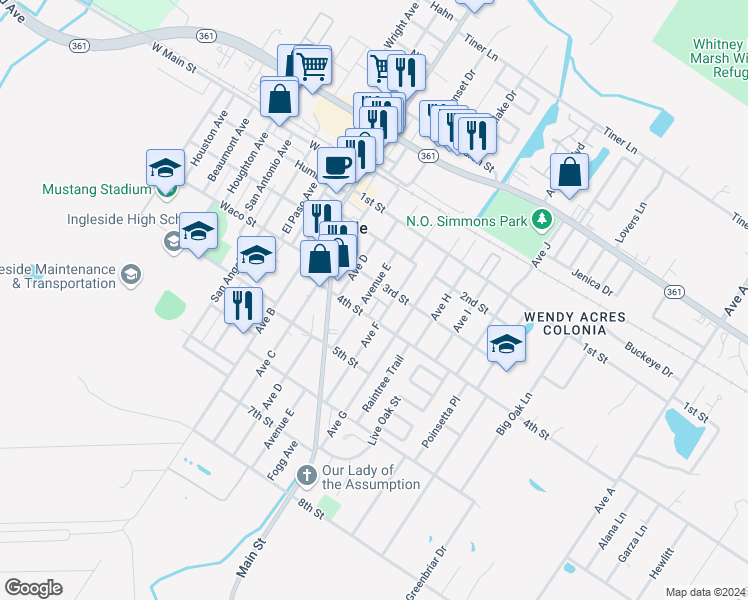 map of restaurants, bars, coffee shops, grocery stores, and more near 2640 Avenue East in Ingleside