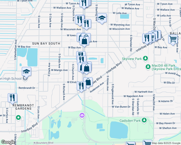 map of restaurants, bars, coffee shops, grocery stores, and more near 6310 Florida 573 in Tampa