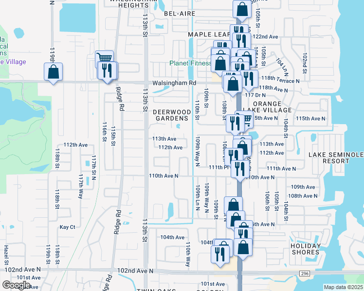 map of restaurants, bars, coffee shops, grocery stores, and more near 11188 111th Street North in Largo