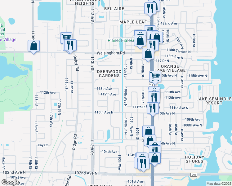 map of restaurants, bars, coffee shops, grocery stores, and more near 11188 111th Street North in Largo