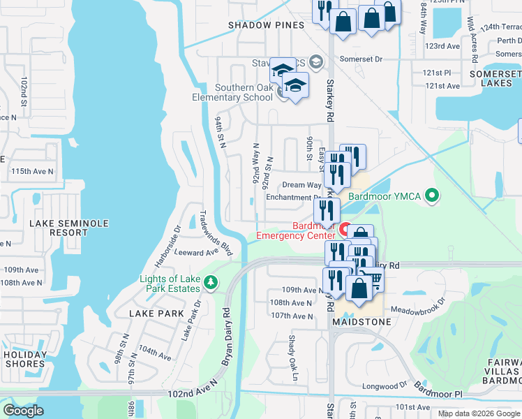 map of restaurants, bars, coffee shops, grocery stores, and more near 11376 92nd Way North in Largo