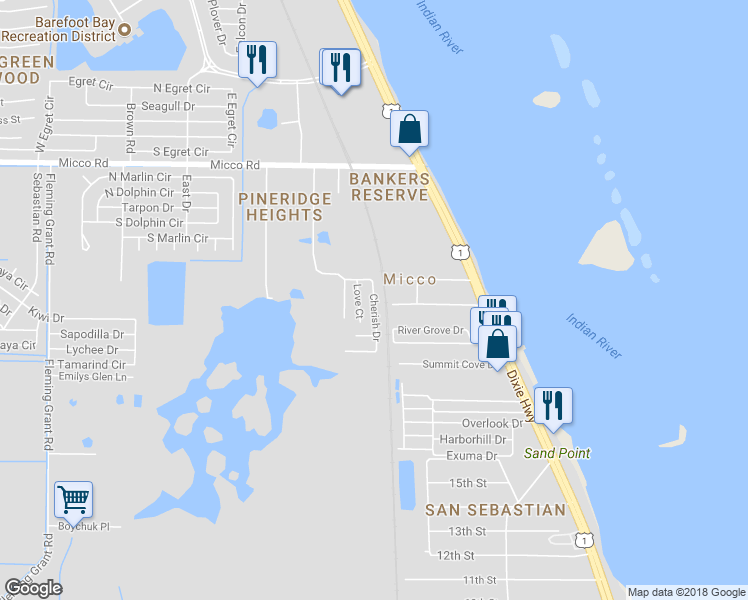 map of restaurants, bars, coffee shops, grocery stores, and more near 8418 Cherish Drive in Micco