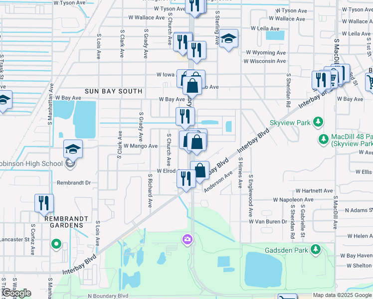 map of restaurants, bars, coffee shops, grocery stores, and more near 6212 South Harold Avenue in Tampa