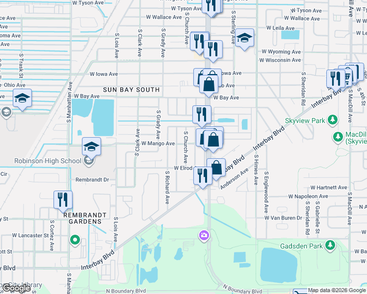 map of restaurants, bars, coffee shops, grocery stores, and more near 6232 South Adelia Avenue in Tampa