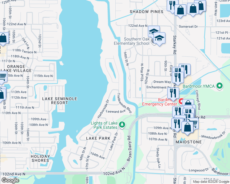 map of restaurants, bars, coffee shops, grocery stores, and more near 11346 Harborside Drive in Largo