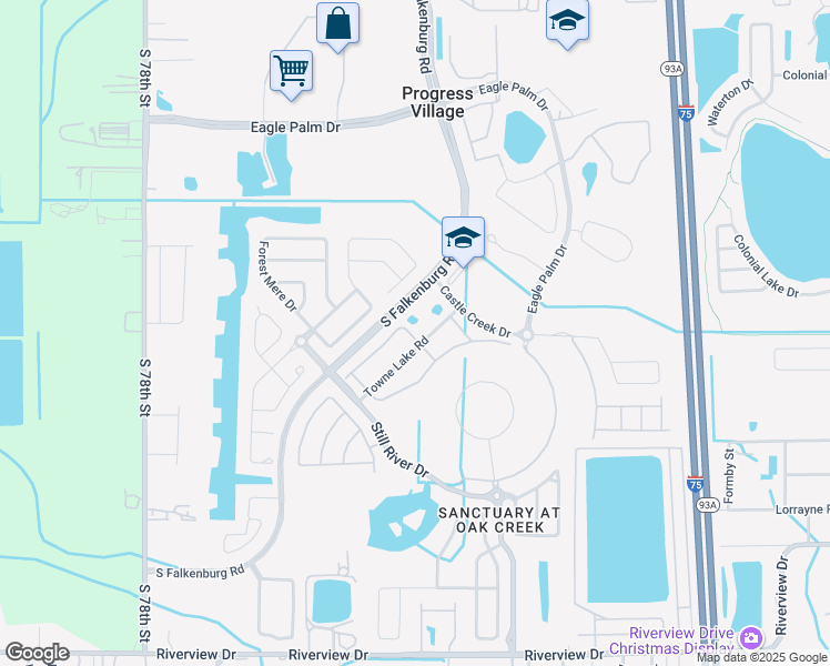 map of restaurants, bars, coffee shops, grocery stores, and more near 7098 Towne Lake Road in Riverview