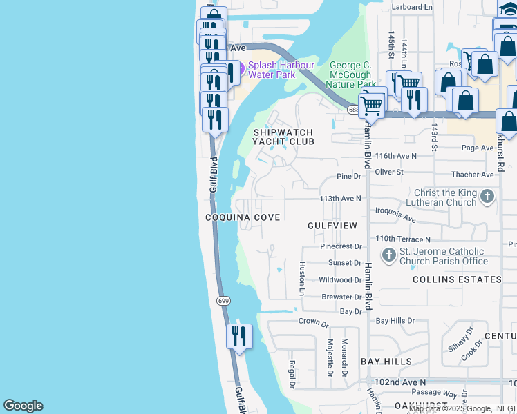 map of restaurants, bars, coffee shops, grocery stores, and more near 15004 113th Avenue North in Largo