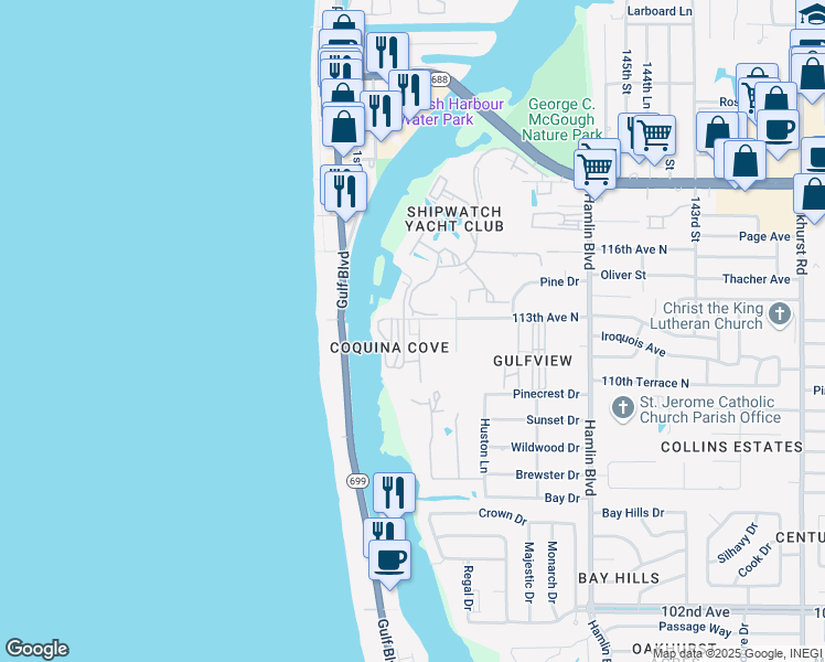 map of restaurants, bars, coffee shops, grocery stores, and more near 15004 113th Avenue North in Largo