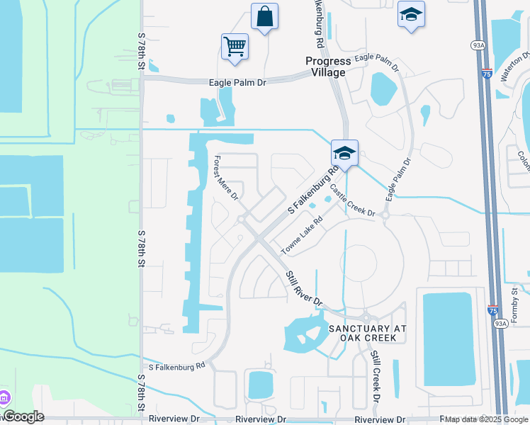 map of restaurants, bars, coffee shops, grocery stores, and more near 7320 Forest Mere Drive in Riverview