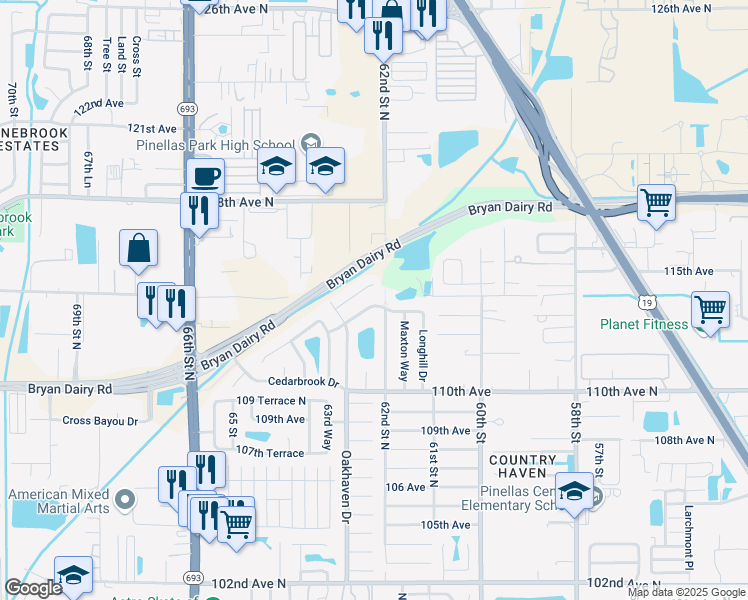 map of restaurants, bars, coffee shops, grocery stores, and more near 6200 Fallingleaf Court in Pinellas Park