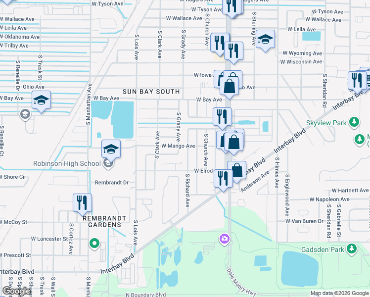 map of restaurants, bars, coffee shops, grocery stores, and more near 6244 South Grady Avenue in Tampa