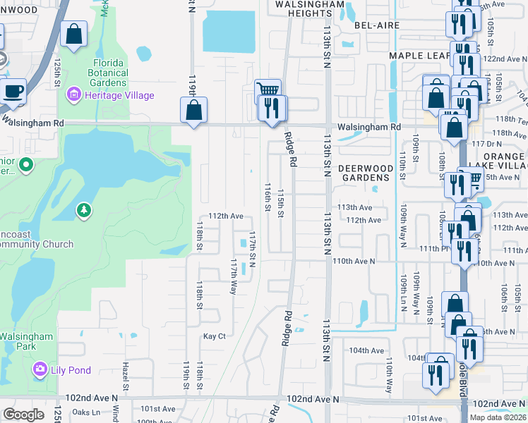 map of restaurants, bars, coffee shops, grocery stores, and more near 11366 115th Street in Largo