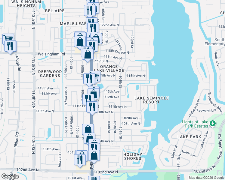 map of restaurants, bars, coffee shops, grocery stores, and more near 10442 114th Avenue North in Largo