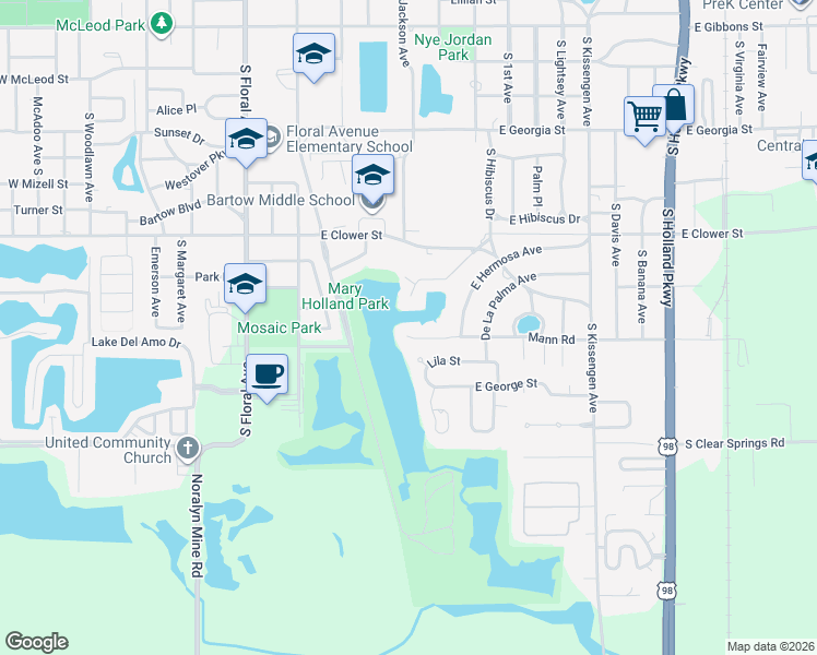 map of restaurants, bars, coffee shops, grocery stores, and more near 845 De La Bosque Avenue in Bartow