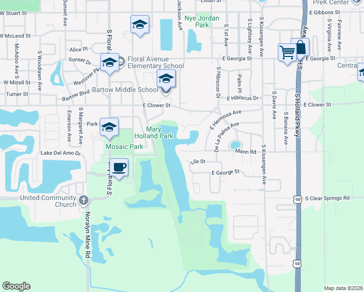map of restaurants, bars, coffee shops, grocery stores, and more near 820 Mann Road in Bartow