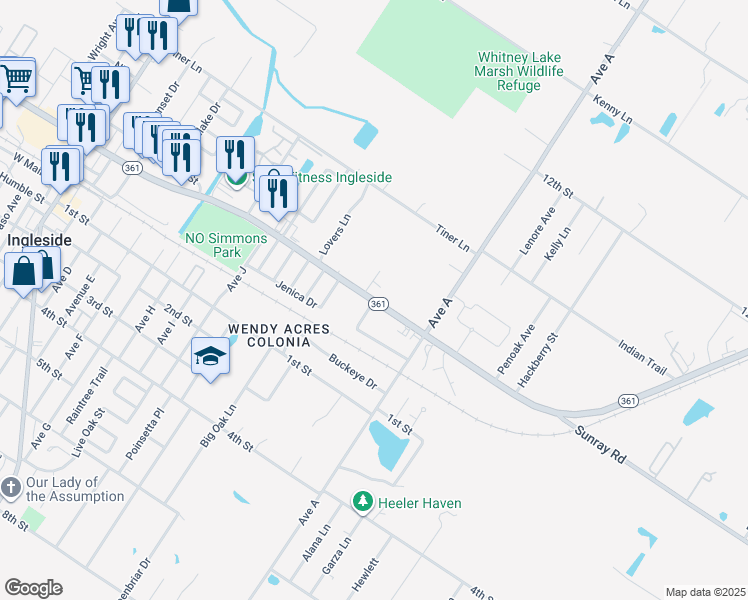 map of restaurants, bars, coffee shops, grocery stores, and more near 2100 Texas 361 in Ingleside