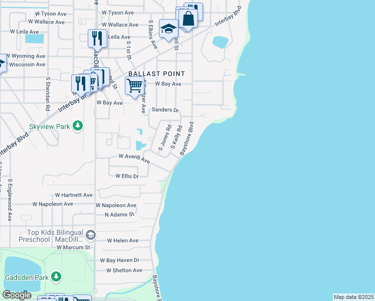 map of restaurants, bars, coffee shops, grocery stores, and more near 6223 Bayshore Boulevard in Tampa