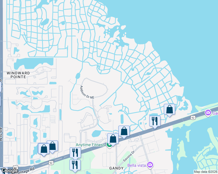 map of restaurants, bars, coffee shops, grocery stores, and more near 860 Addison Drive Northeast in St. Petersburg
