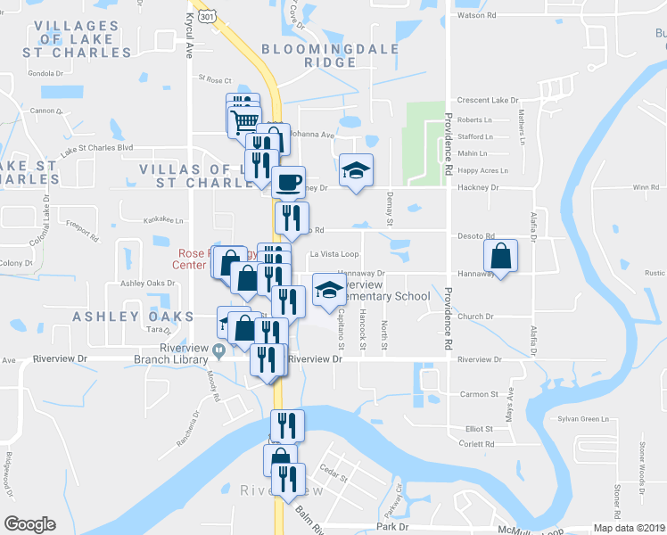map of restaurants, bars, coffee shops, grocery stores, and more near 10809 La Vista Loop in Riverview