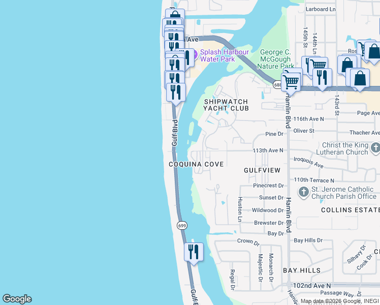 map of restaurants, bars, coffee shops, grocery stores, and more near 15199 113th Ave N in Largo