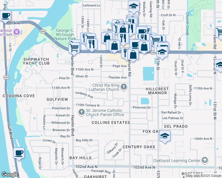 map of restaurants, bars, coffee shops, grocery stores, and more near 14160 113th Avenue North in Largo