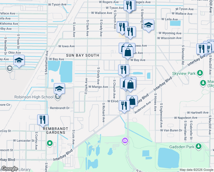 map of restaurants, bars, coffee shops, grocery stores, and more near 6232 South Adelia Avenue in Tampa