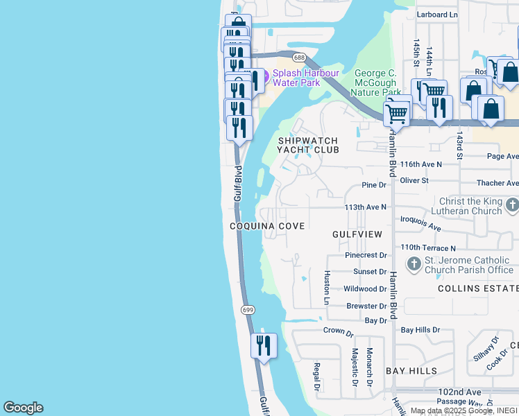 map of restaurants, bars, coffee shops, grocery stores, and more near 15199 113th Avenue North in Largo