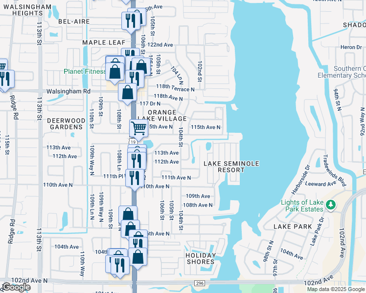 map of restaurants, bars, coffee shops, grocery stores, and more near 11385 104th Street in Largo