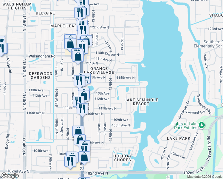 map of restaurants, bars, coffee shops, grocery stores, and more near 10442 114th Avenue North in Largo