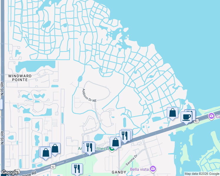 map of restaurants, bars, coffee shops, grocery stores, and more near 860 Addison Drive Northeast in Saint Petersburg