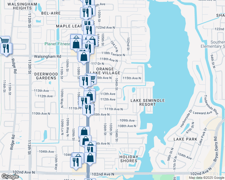 map of restaurants, bars, coffee shops, grocery stores, and more near 10442 114th Avenue North in Largo