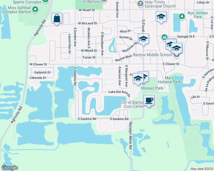 map of restaurants, bars, coffee shops, grocery stores, and more near 895 Willow Lane in Bartow