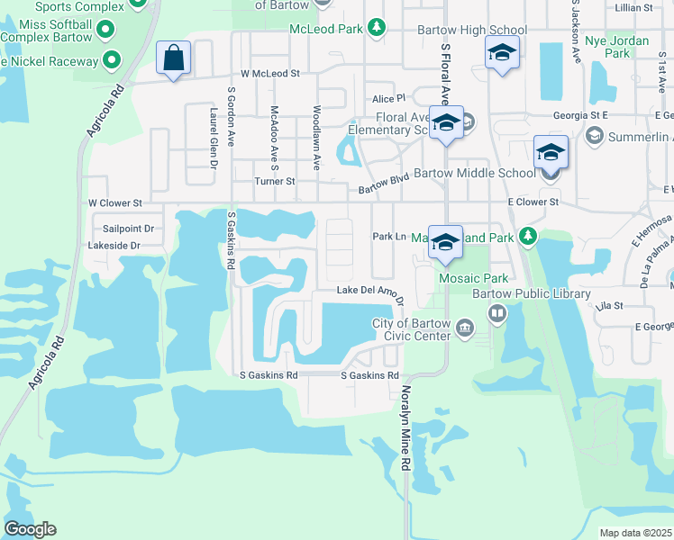 map of restaurants, bars, coffee shops, grocery stores, and more near 865 Willow Lane in Bartow