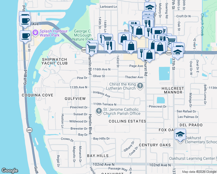 map of restaurants, bars, coffee shops, grocery stores, and more near 11360 144th Street in Largo