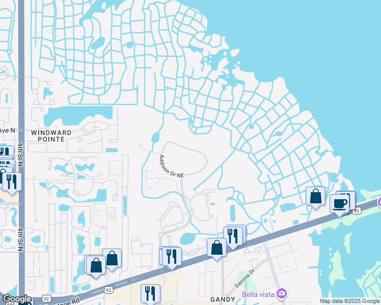 map of restaurants, bars, coffee shops, grocery stores, and more near 895 Addison Drive Northeast in St. Petersburg