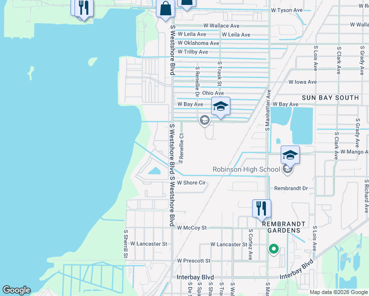 map of restaurants, bars, coffee shops, grocery stores, and more near 6324 South Renellie Court in Tampa