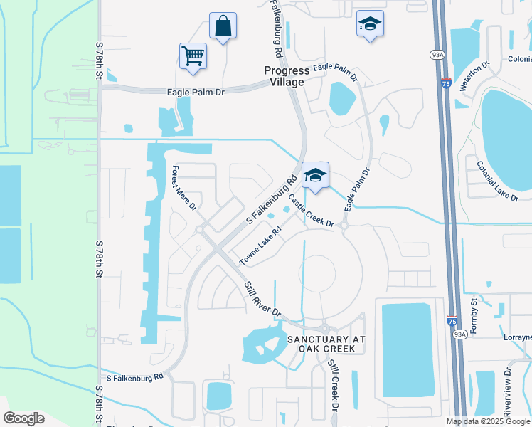 map of restaurants, bars, coffee shops, grocery stores, and more near 7098 Towne Lake Road in Riverview