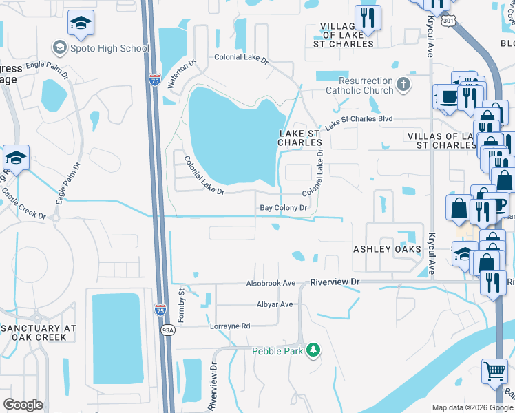map of restaurants, bars, coffee shops, grocery stores, and more near 9708 Bay Colony Drive in Riverview