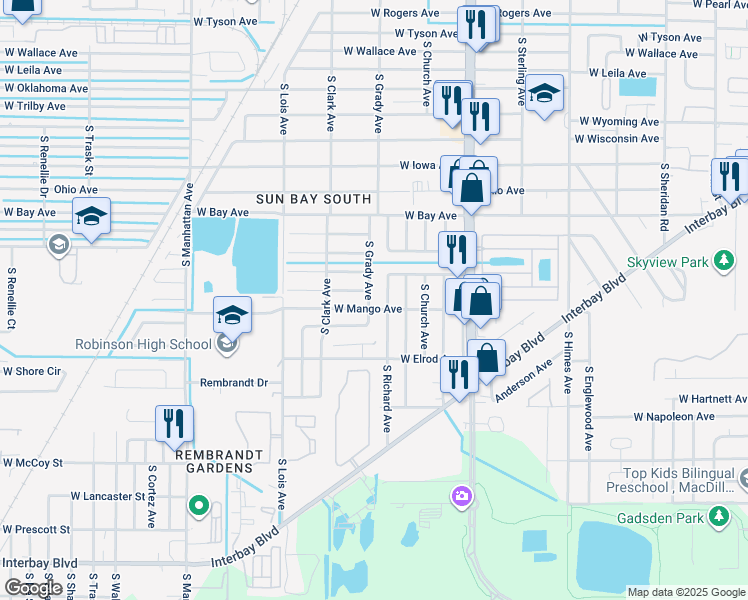 map of restaurants, bars, coffee shops, grocery stores, and more near 6244 South Grady Avenue in Tampa