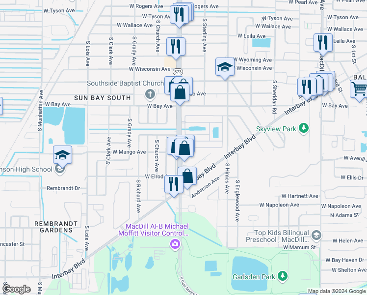 map of restaurants, bars, coffee shops, grocery stores, and more near 6232 South Dale Mabry Highway in Tampa
