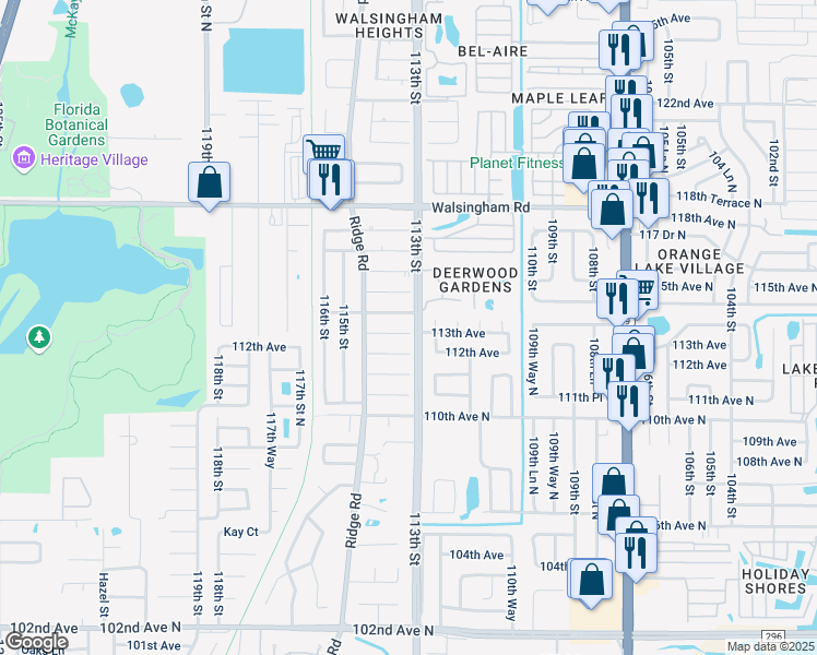 map of restaurants, bars, coffee shops, grocery stores, and more near 11301 113th Avenue in Largo
