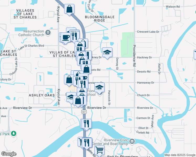 map of restaurants, bars, coffee shops, grocery stores, and more near 10809 La Vista Loop in Riverview