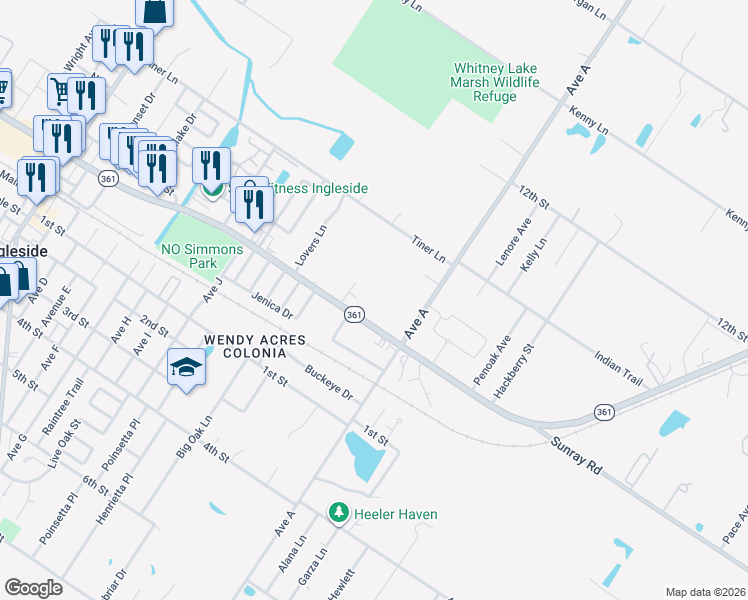 map of restaurants, bars, coffee shops, grocery stores, and more near 2100 Texas 361 in Ingleside